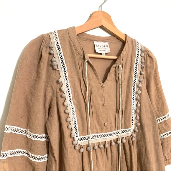 Hayden Tan Gauzy Boho Peasant Dress Size Small Babydoll Neutral Color - Picture 3 of 13